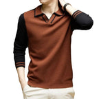 Men's Long-Sleeve Polo Sweater – Contrast Johnny-Collar Knit Pullover