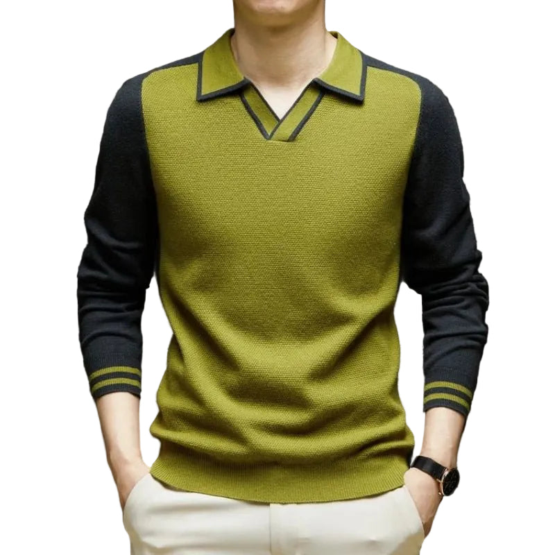 Men's Long-Sleeve Polo Sweater – Contrast Johnny-Collar Knit Pullover