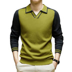 Men's Long-Sleeve Polo Sweater – Contrast Johnny-Collar Knit Pullover