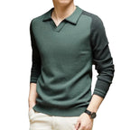 Men's Long-Sleeve Polo Sweater – Contrast Johnny-Collar Knit Pullover