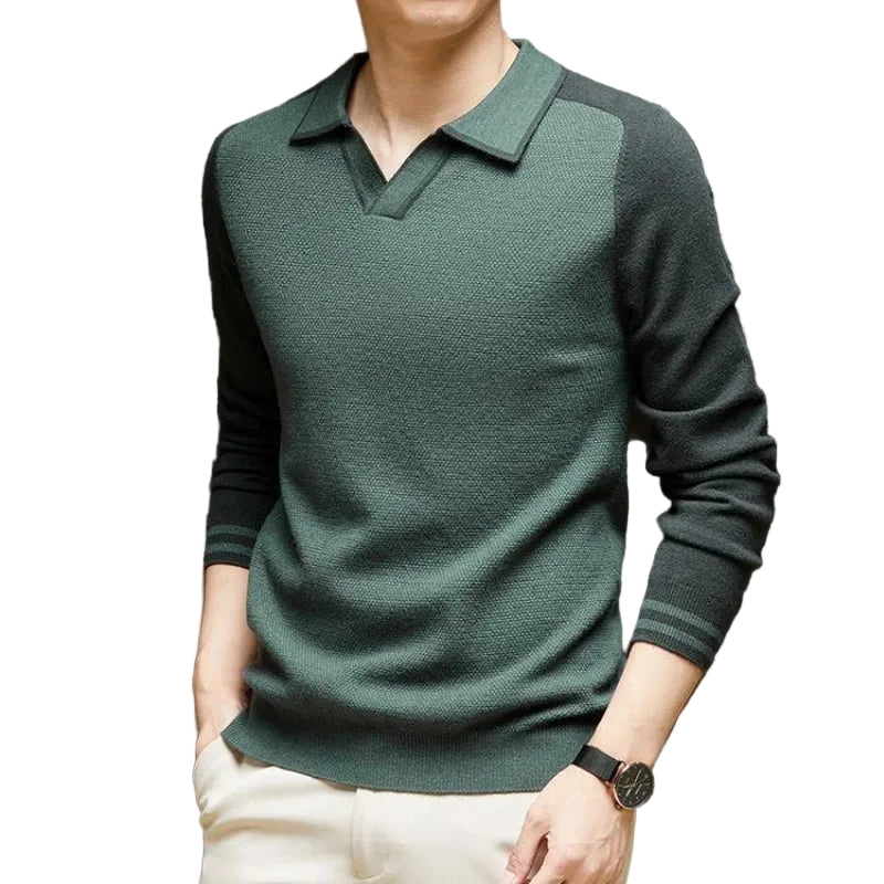 Men's Long-Sleeve Polo Sweater – Contrast Johnny-Collar Knit Pullover