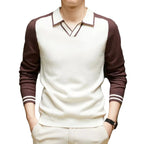 Men's Long-Sleeve Polo Sweater – Contrast Johnny-Collar Knit Pullover