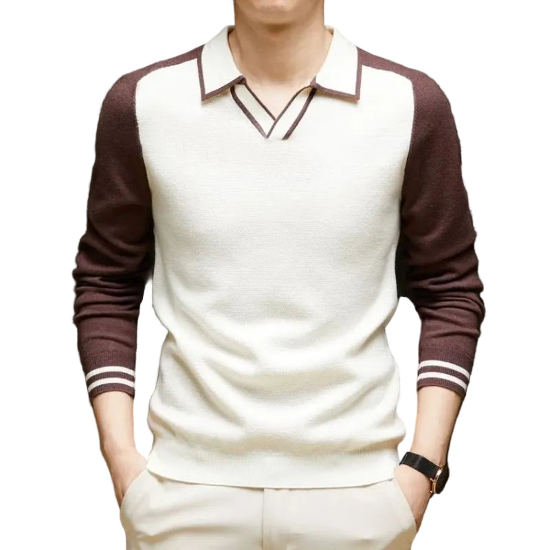 Men's Long-Sleeve Polo Sweater – Contrast Johnny-Collar Knit Pullover