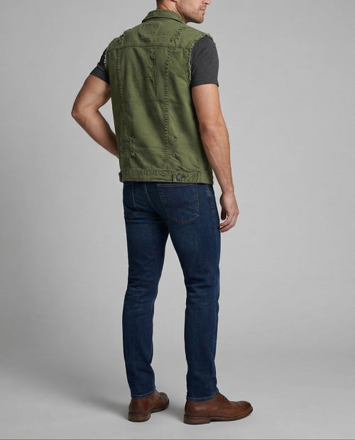 Men's Distressed Denim Waistcoat with Frayed Armholes