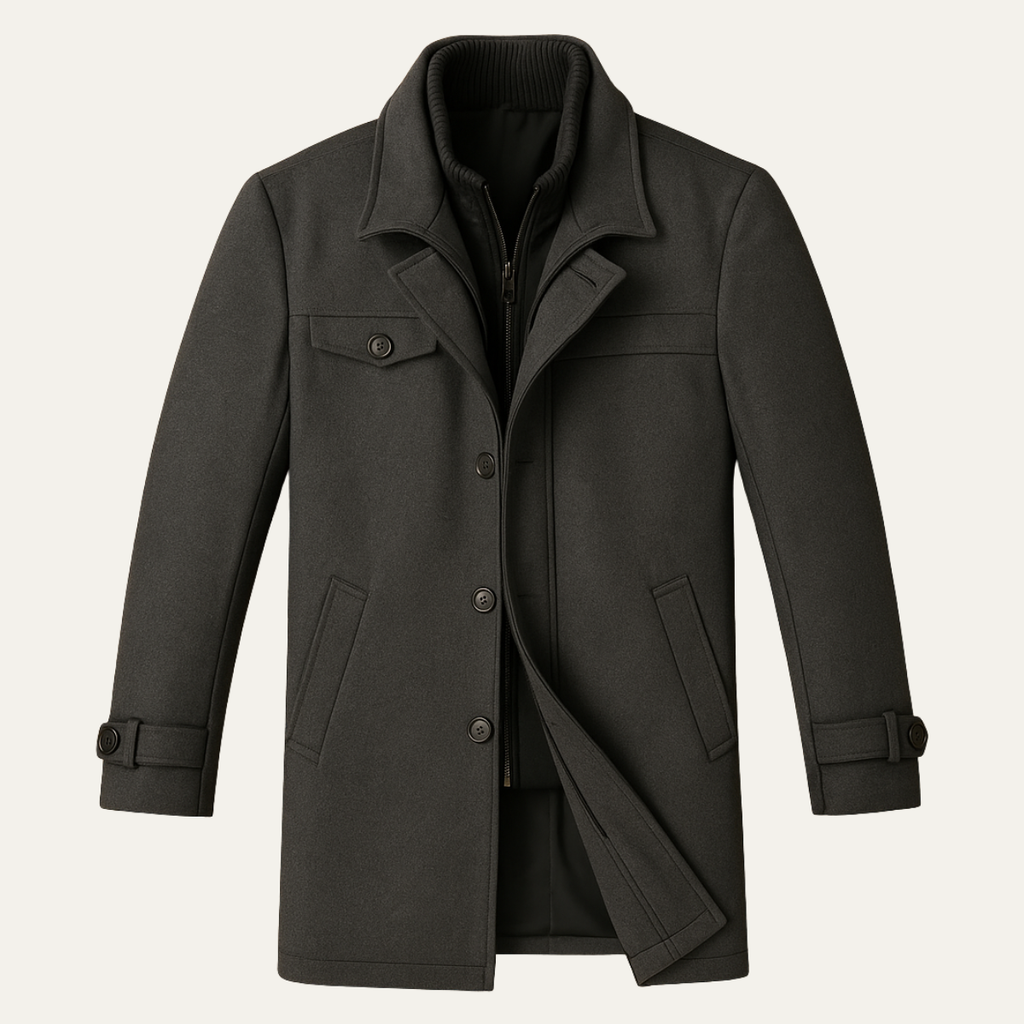 Men's Wool-Blend Smart Jacket – Zip and Button Front, Adjustable Cuffs