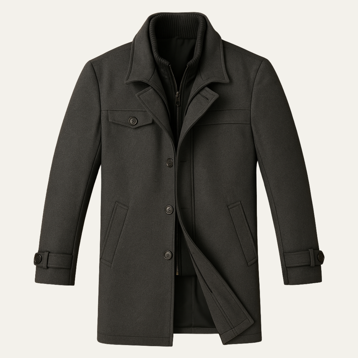Men's Wool-Blend Smart Jacket – Zip and Button Front, Adjustable Cuffs