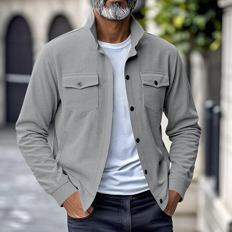 Men's Ribbed Overshirt Jacket – Stand-Collar Button-Front Layer