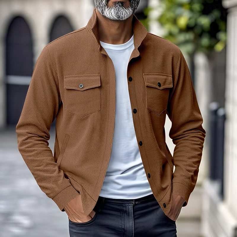 Men's Ribbed Overshirt Jacket – Stand-Collar Button-Front Layer