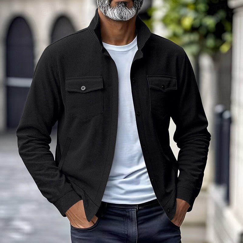 Men's Ribbed Overshirt Jacket – Stand-Collar Button-Front Layer