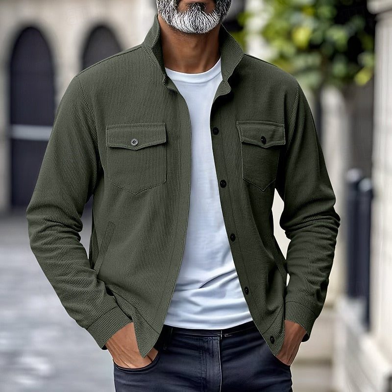 Men's Ribbed Overshirt Jacket – Stand-Collar Button-Front Layer