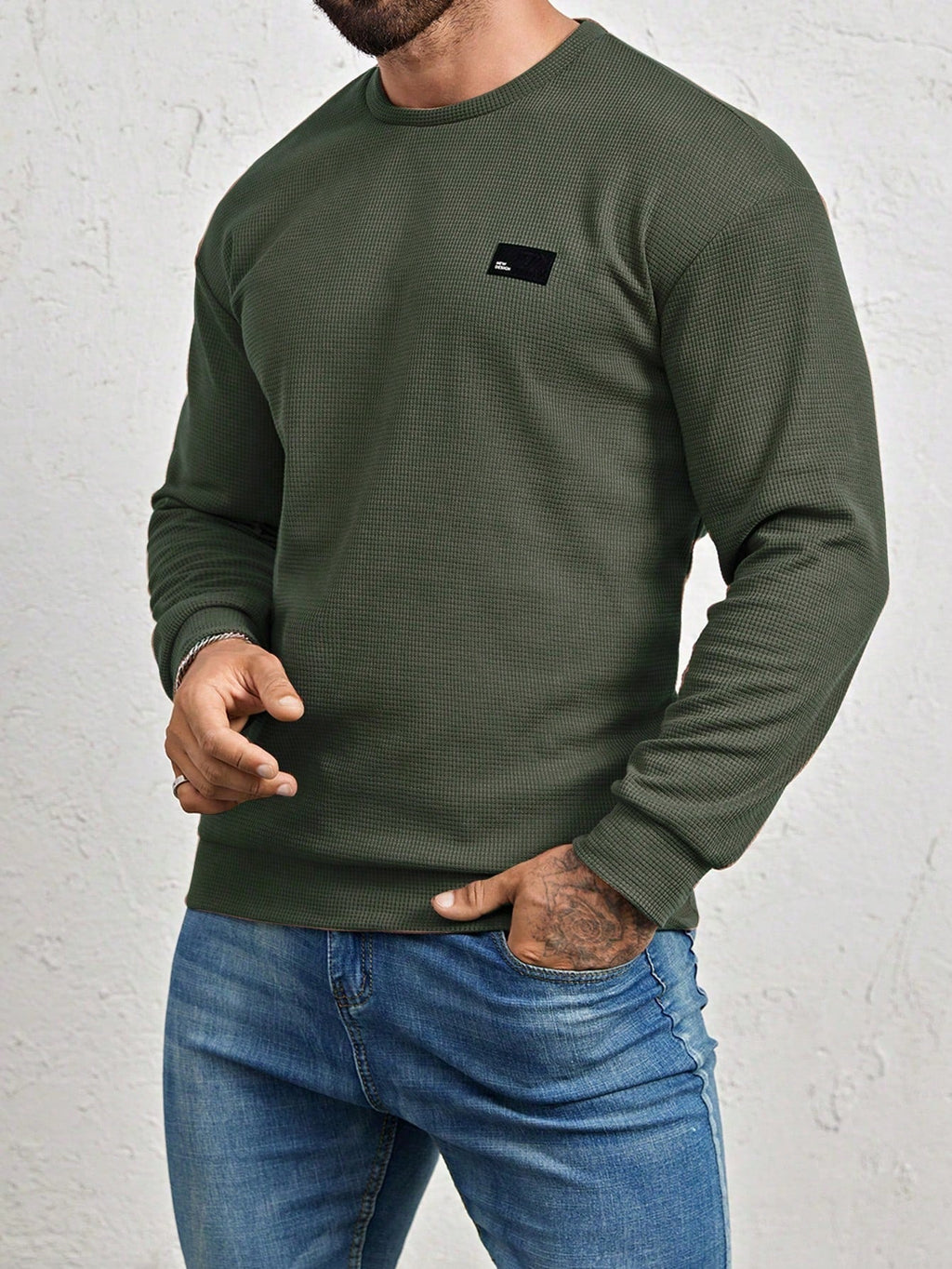 Men's Crew-Neck Sweatshirt with Patch Letter Detail