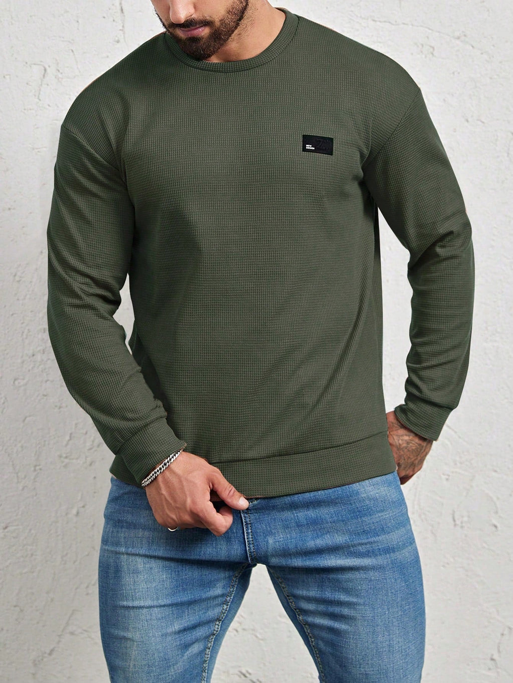 Men's Crew-Neck Sweatshirt with Patch Letter Detail