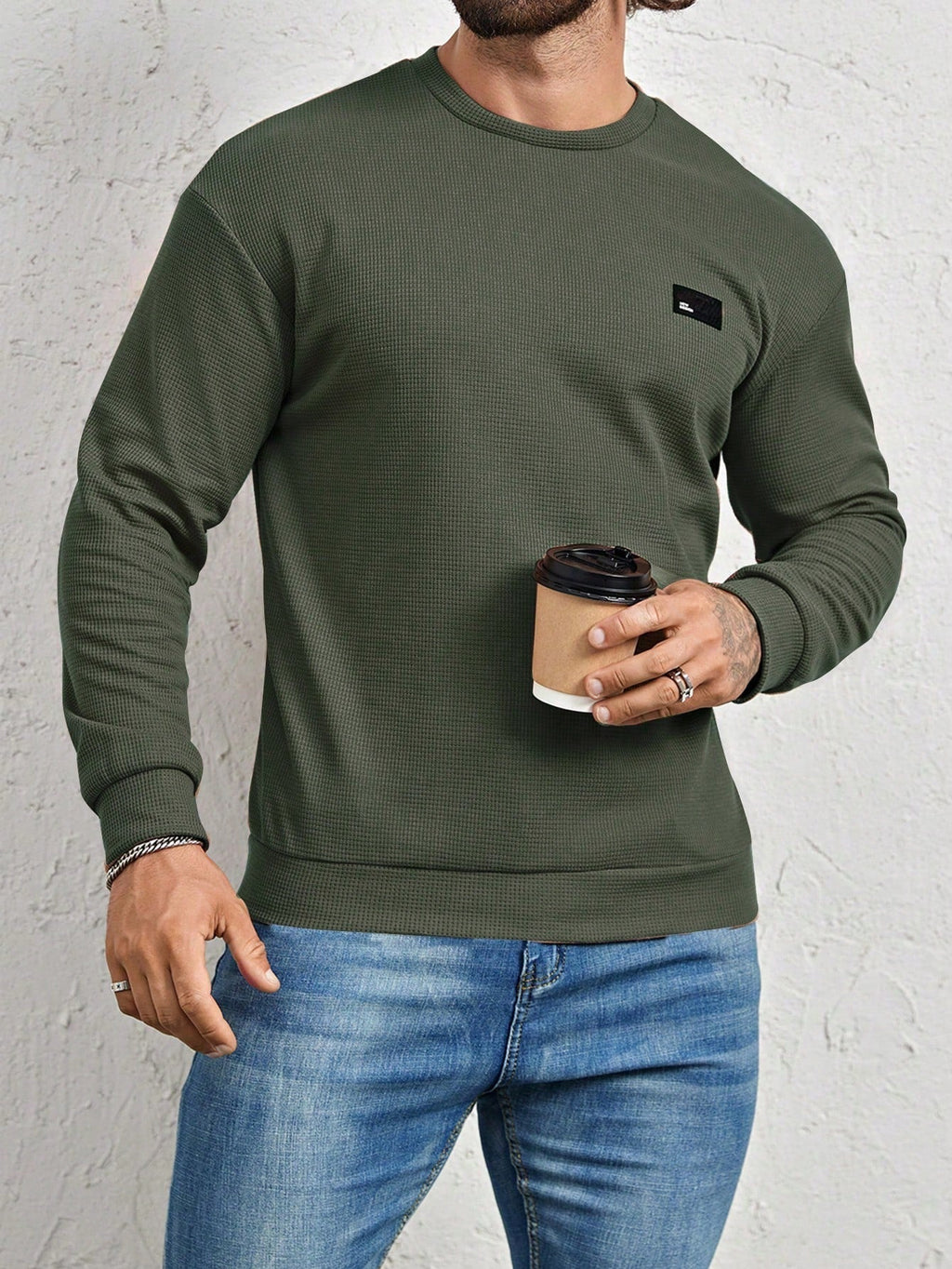Men's Crew-Neck Sweatshirt with Patch Letter Detail