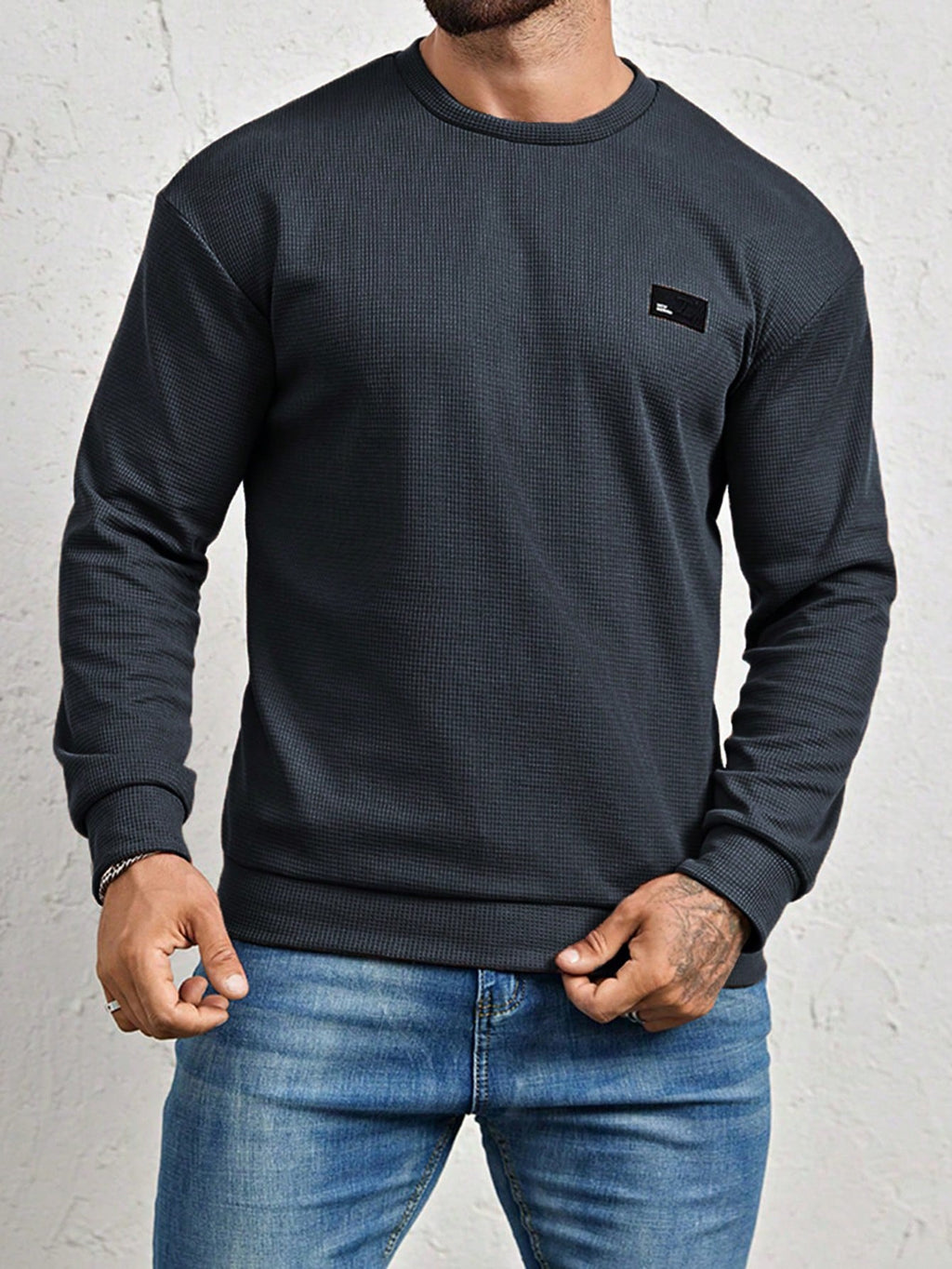 Men's Crew-Neck Sweatshirt with Patch Letter Detail