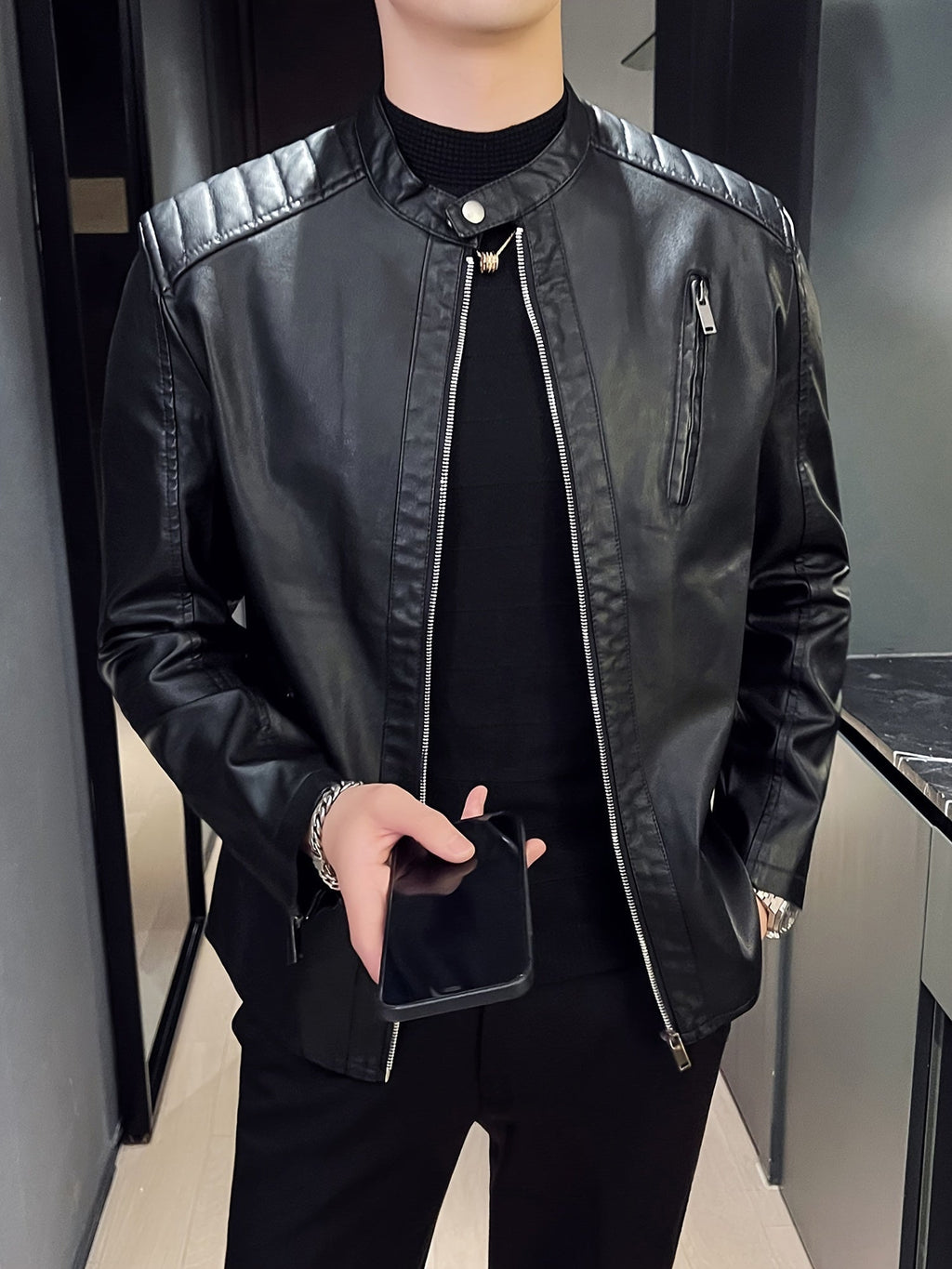 Men's Faux Leather Biker Jacket with Stand Collar