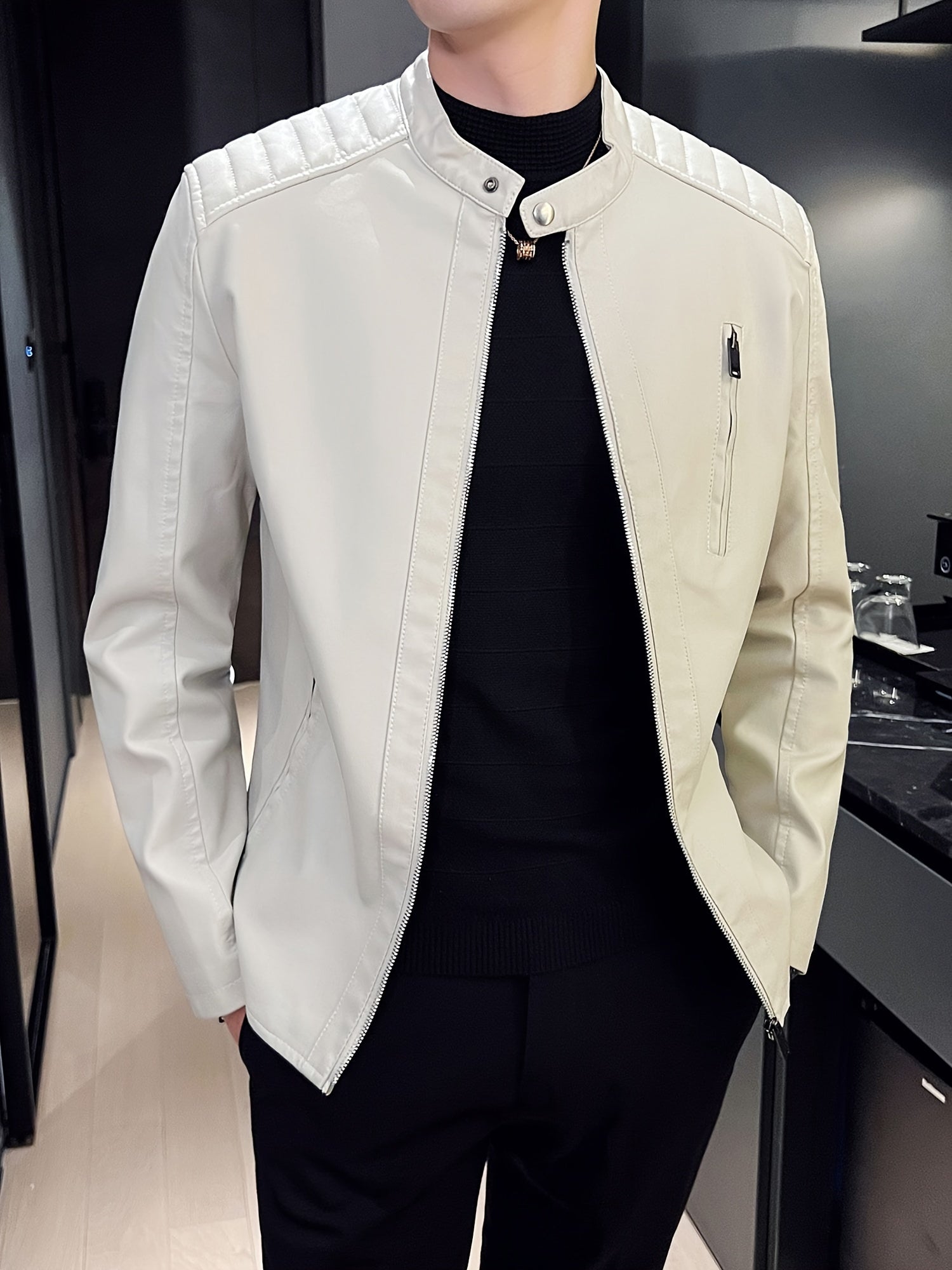Men's Faux Leather Biker Jacket with Stand Collar