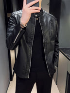 Men's Faux Leather Biker Jacket with Stand Collar