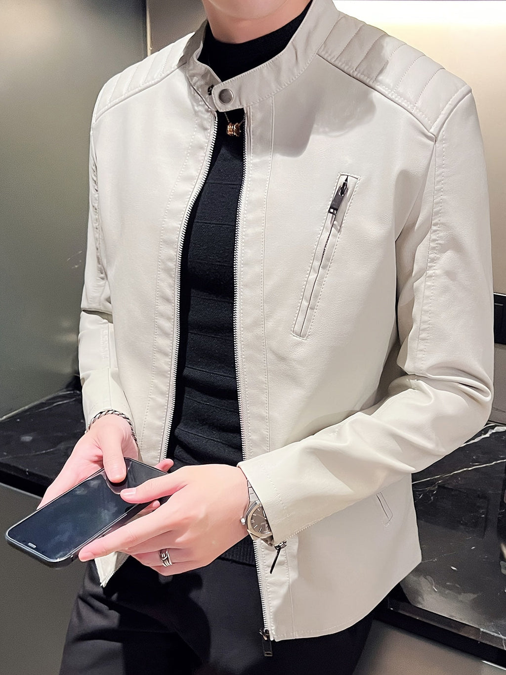 Men's Faux Leather Biker Jacket with Stand Collar