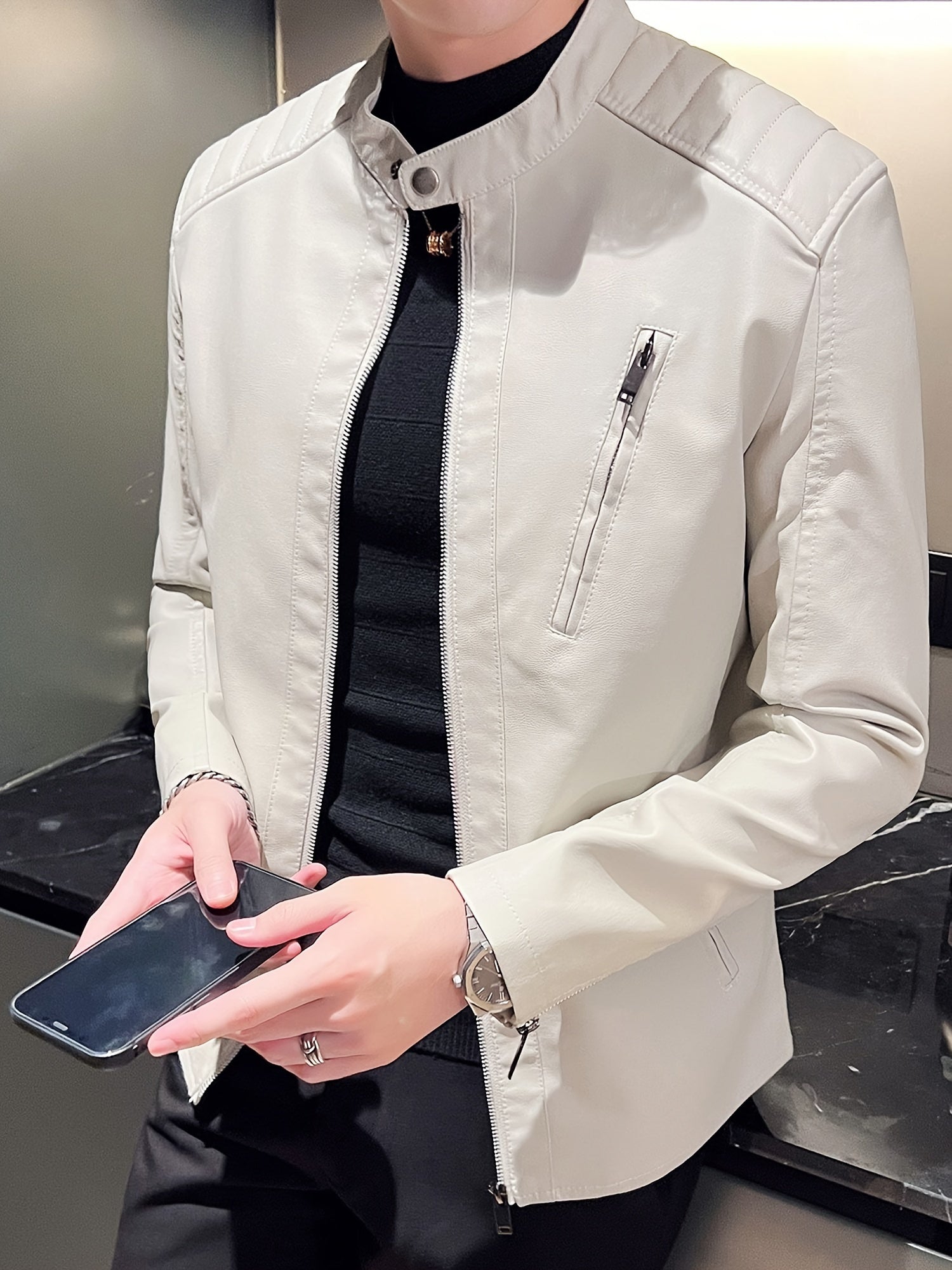 Men's Faux Leather Biker Jacket with Stand Collar