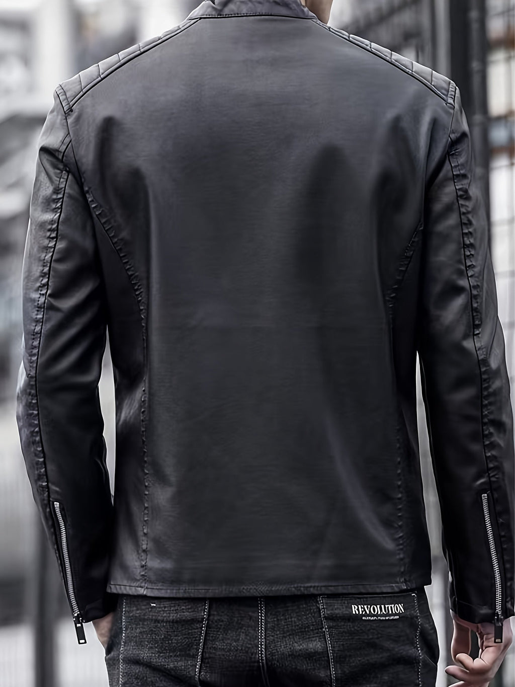 Men's Faux Leather Biker Jacket with Stand Collar