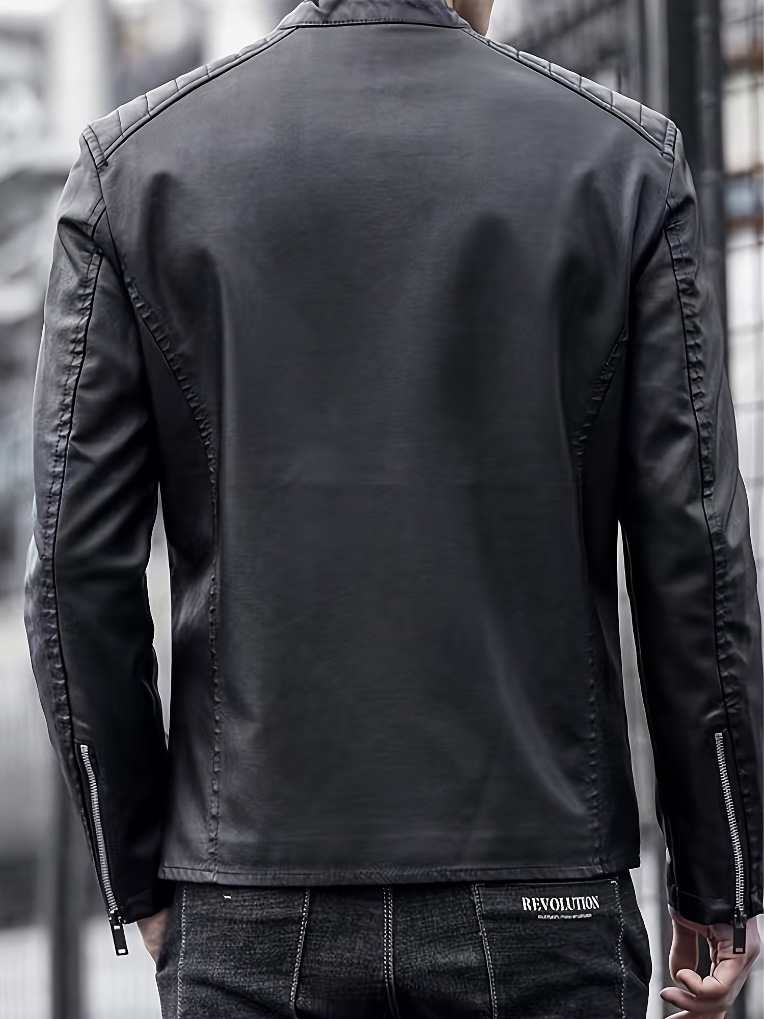 Men's Faux Leather Biker Jacket with Stand Collar