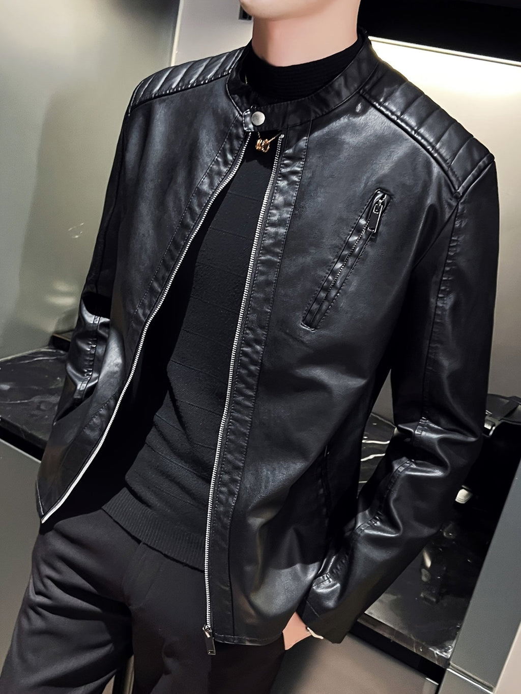 Men's Faux Leather Biker Jacket with Stand Collar