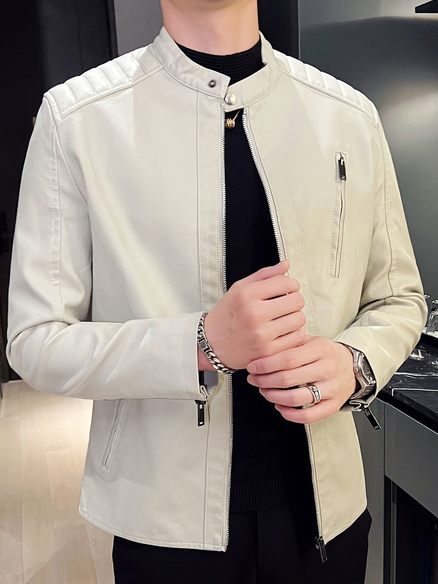 Men's Faux Leather Biker Jacket with Stand Collar
