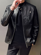 Men's Faux Leather Biker Jacket with Stand Collar