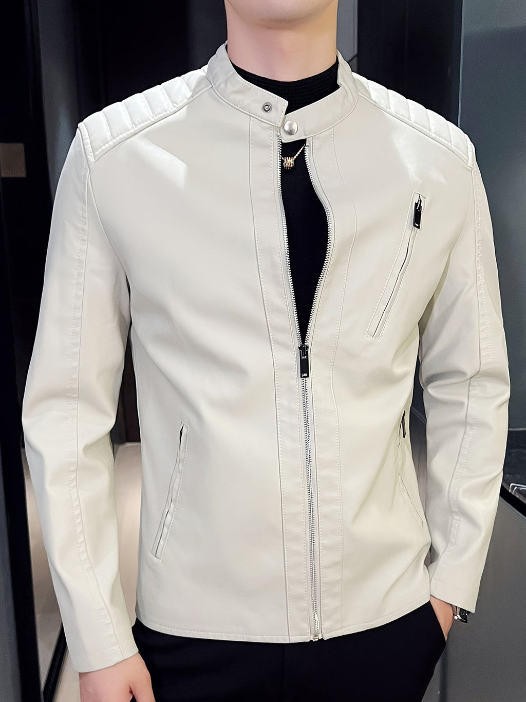 Men's Faux Leather Biker Jacket with Stand Collar