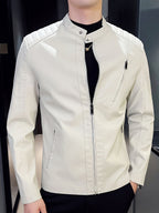 Men's Faux Leather Biker Jacket with Stand Collar