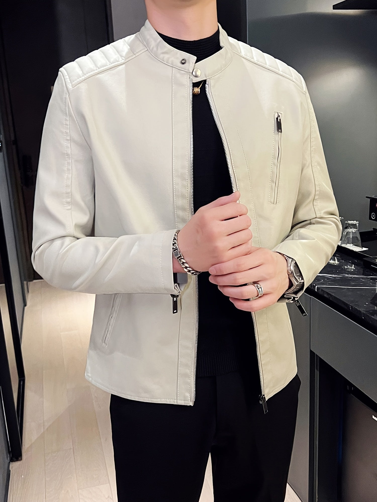Men's Faux Leather Biker Jacket with Stand Collar