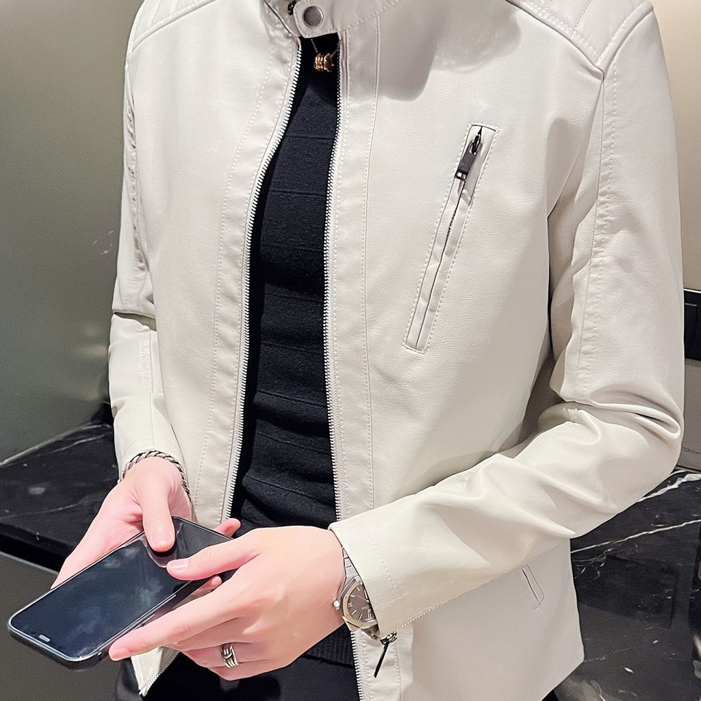 Men's Faux Leather Biker Jacket with Stand Collar