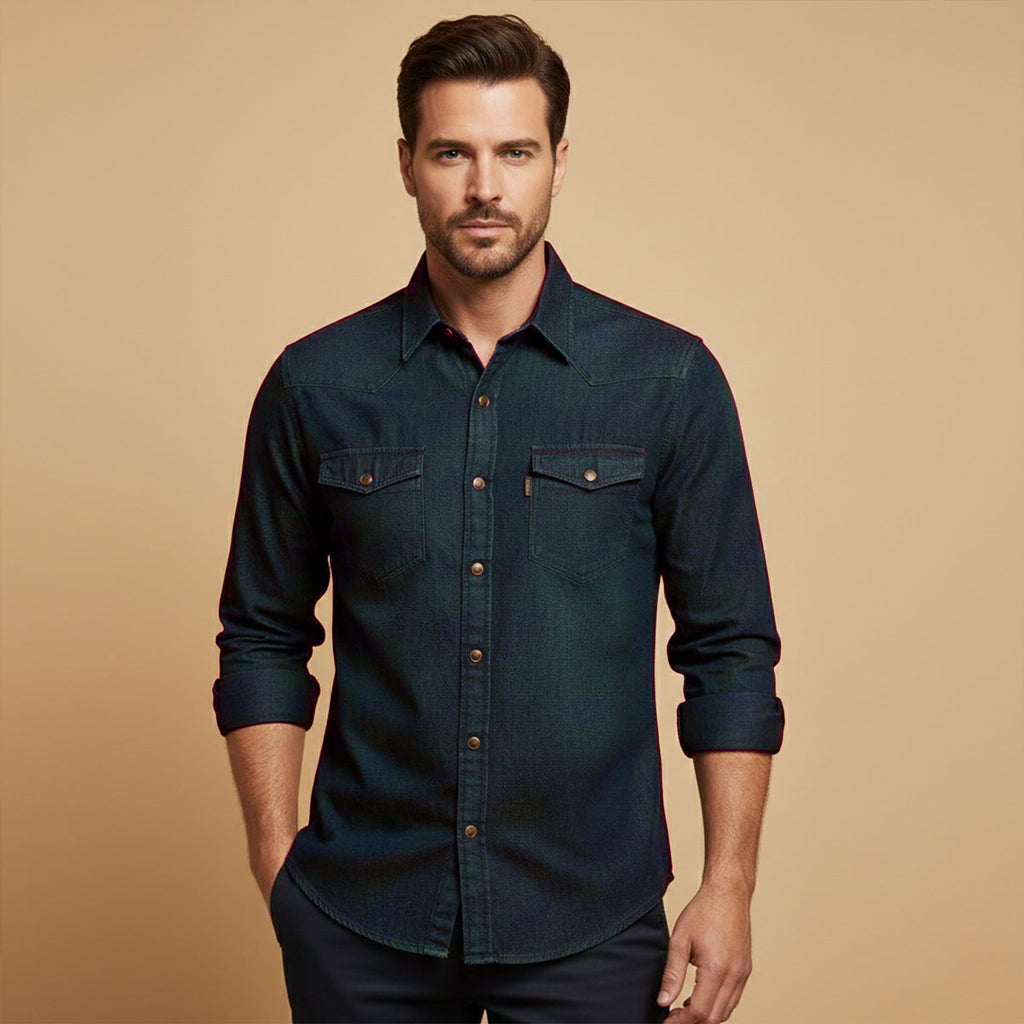 Men's Stretch Denim Shirt – Slim Fit, Chest Flap Pockets