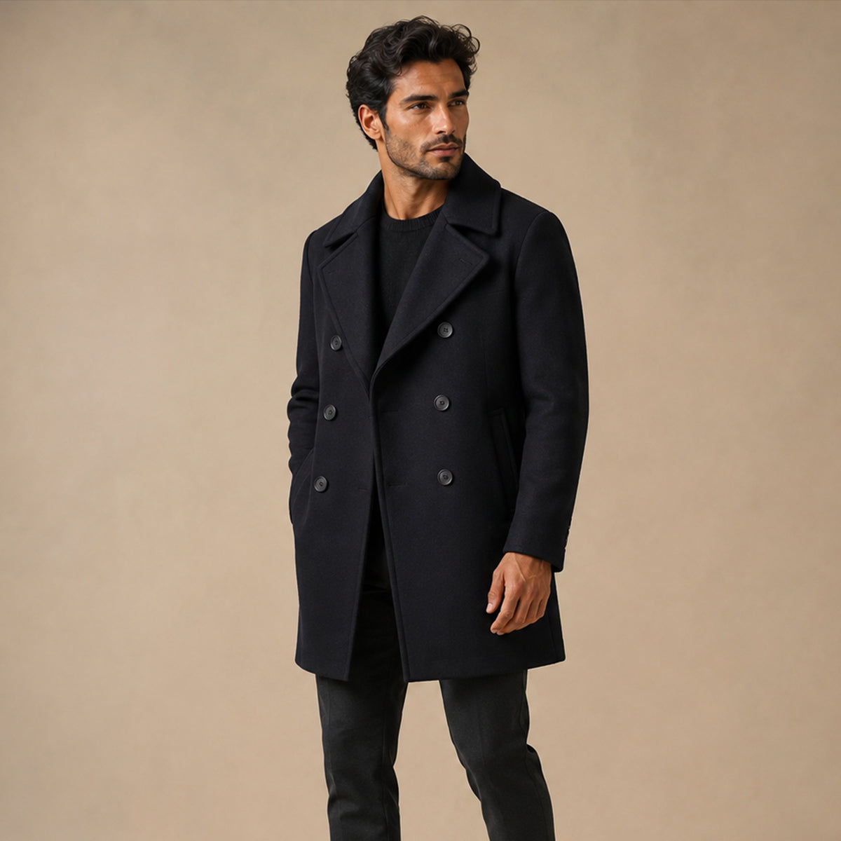 Men's Double-Breasted Wool-Blend Peacoat – Black
