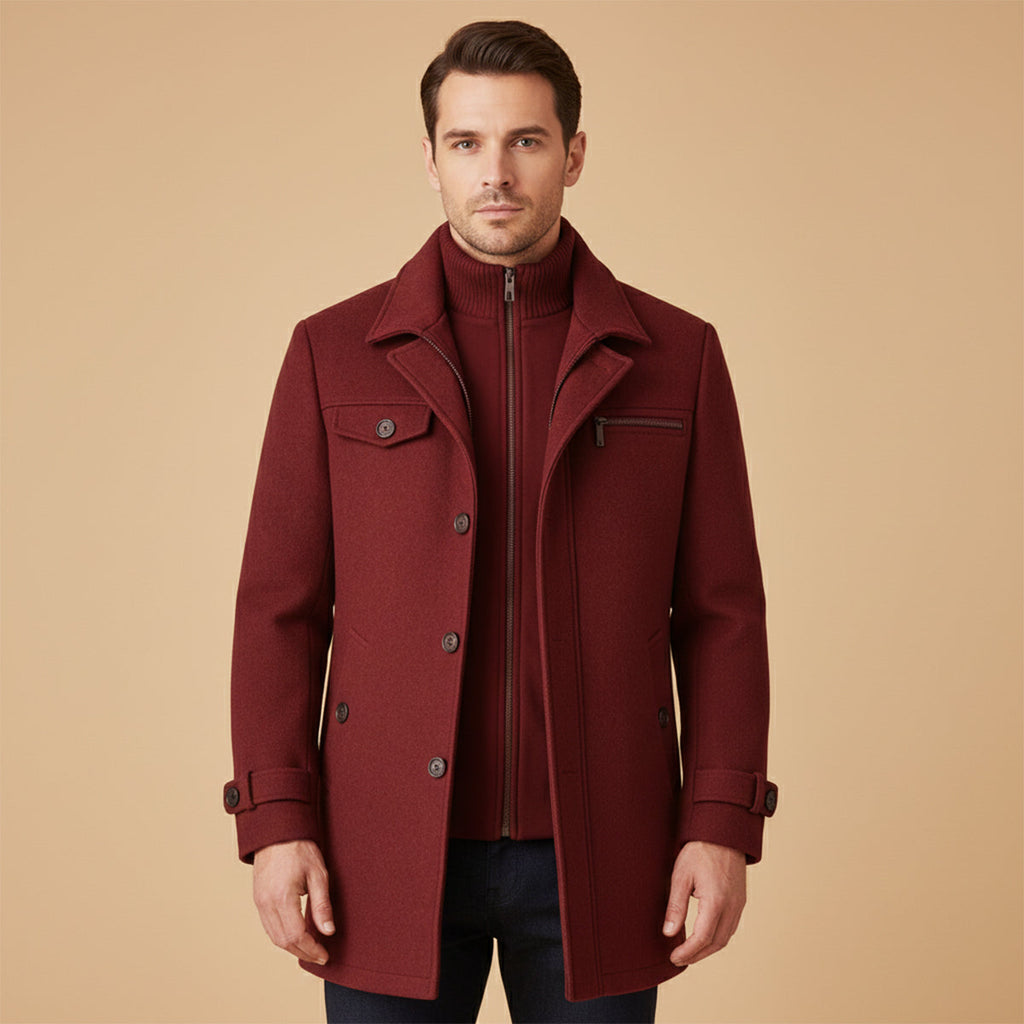 Men's Wool-Blend Smart Jacket – Zip and Button Front, Adjustable Cuffs