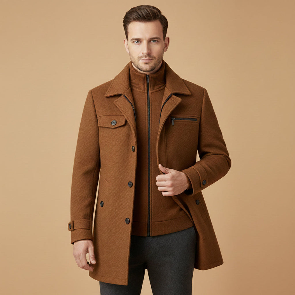 Men's Wool-Blend Smart Jacket – Zip and Button Front, Adjustable Cuffs