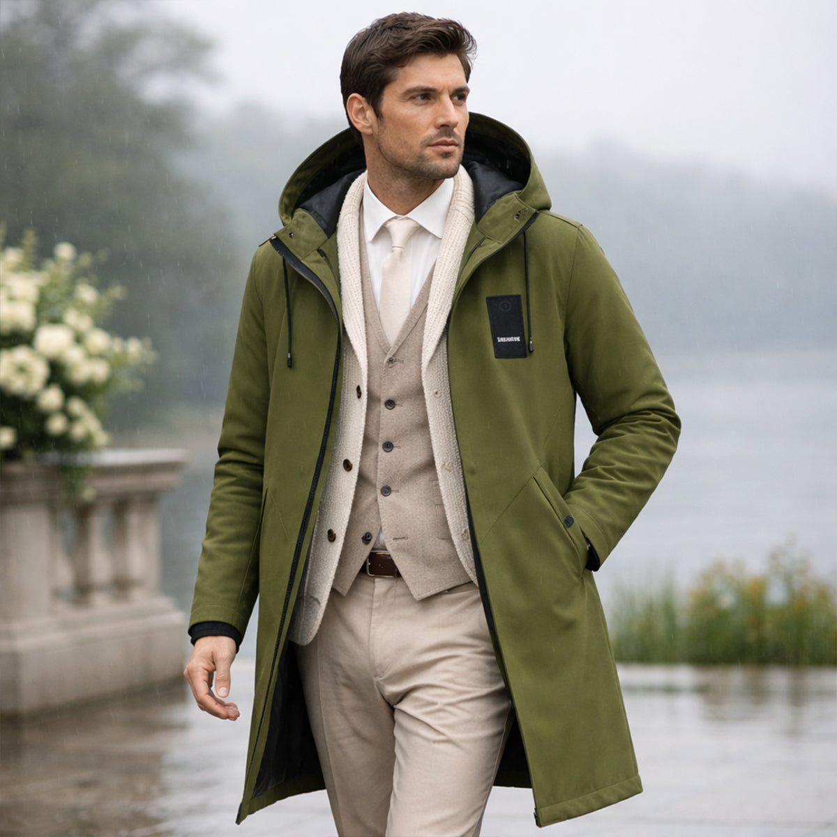 Men's Waterproof Longline Rain Jacket – Hooded, Windproof