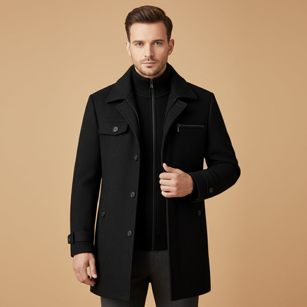 Men's Wool-Blend Smart Jacket – Zip and Button Front, Adjustable Cuffs