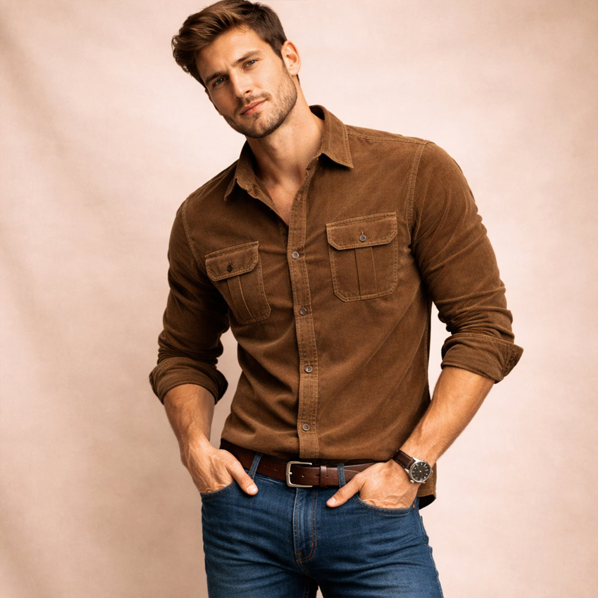 Men's Corduroy Shirt – Button-Down with Chest Flap Pockets