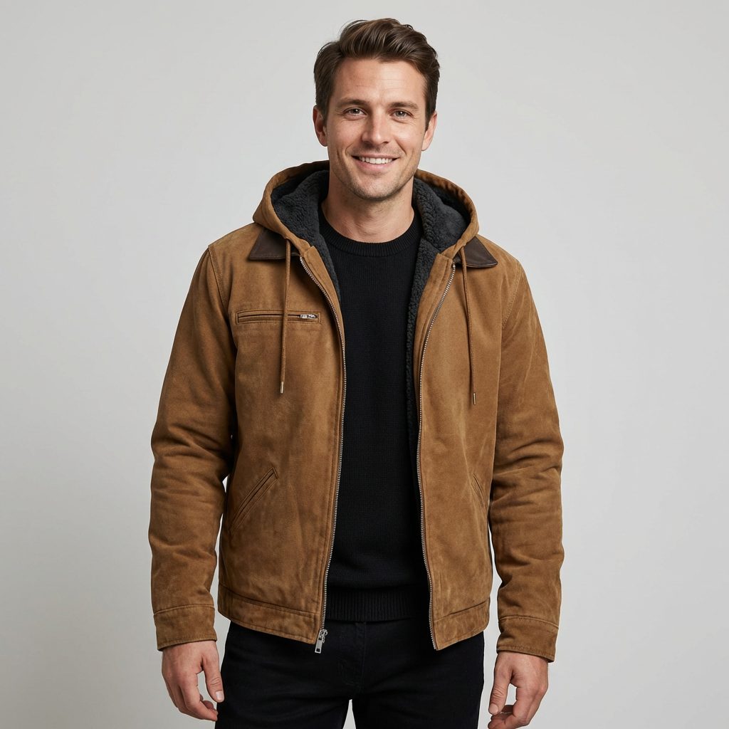 Men's suede-look Hooded Bomber Jacket – Fleece-Lined Zip-Up Jacket