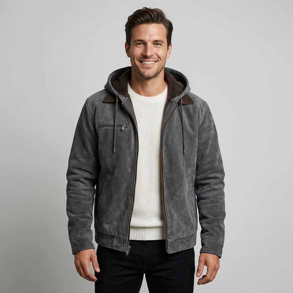 Men's suede-look Hooded Bomber Jacket – Fleece-Lined Zip-Up Jacket