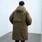 Men's Hooded Longline Trench Coat – Double-Closure Straight-Fit Outerwear