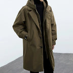 Men's Hooded Longline Trench Coat – Double-Closure Straight-Fit Outerwear