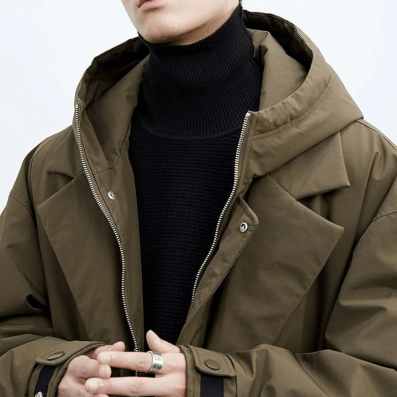 Men's Hooded Longline Trench Coat – Double-Closure Straight-Fit Outerwear
