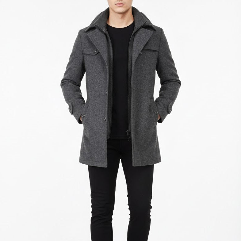 Men's wool-blend Winter Coat – Stand-Collar Button-Front Overcoat