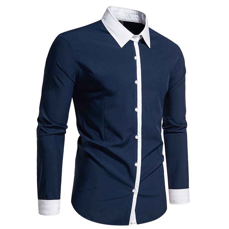 Men's Contrast-Collar Button-Up Shirt – Slim-Fit Long-Sleeve Dress Shirt
