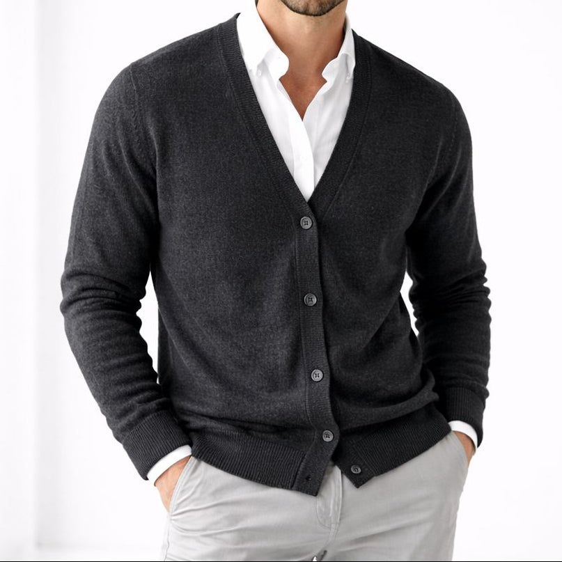 Men's V-Neck Knit Cardigan – Button-Front Long-Sleeve Layer