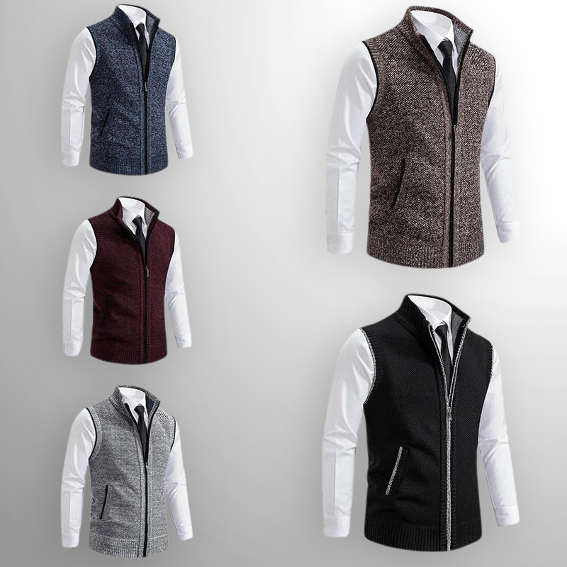 Men's Wool-Blend Zip-Through Knitted Gilet with Collar