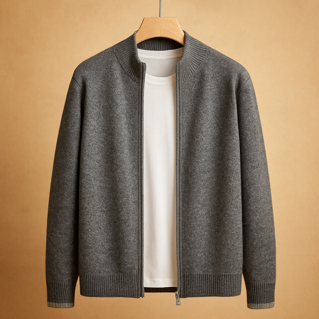 Men's Full-Zip Knitted Cardigan – Stand-Collar Regular-Fit Layer for Smart Casual Office Weekend and Everyday Autumn Winter Wear