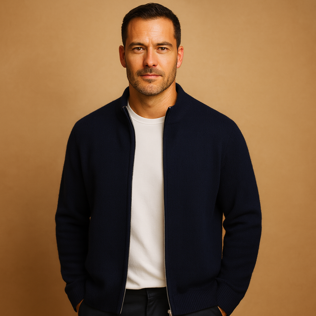 Men's Full-Zip Knitted Cardigan – Stand-Collar Regular-Fit Layer for Smart Casual Office Weekend and Everyday Autumn Winter Wear